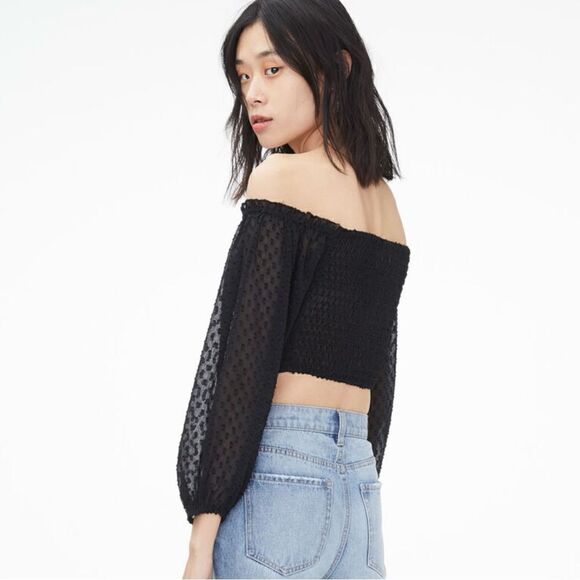 Aeropostale Clip Dot‎ Lace Up Off The Shoulder Crop Top Black Medium Sheer - Picture 5 of 14